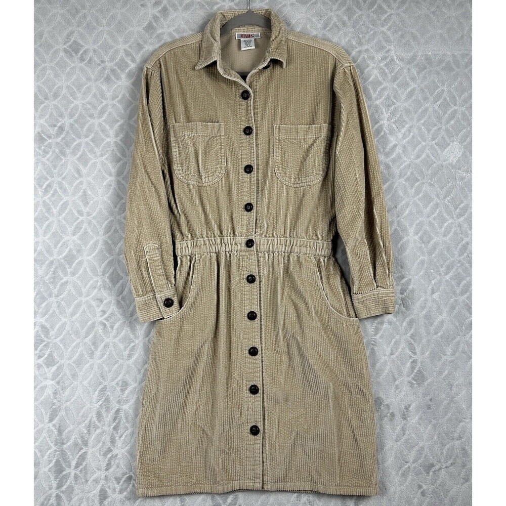 Vtg 90s Fads Corduroy Shirt Dress 8 Tan Pockets Academia Cottage Teacher Grunge